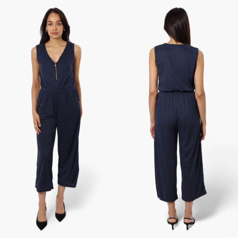 Majora | Navy Blue Striped Textured Jumpsuit - Size S